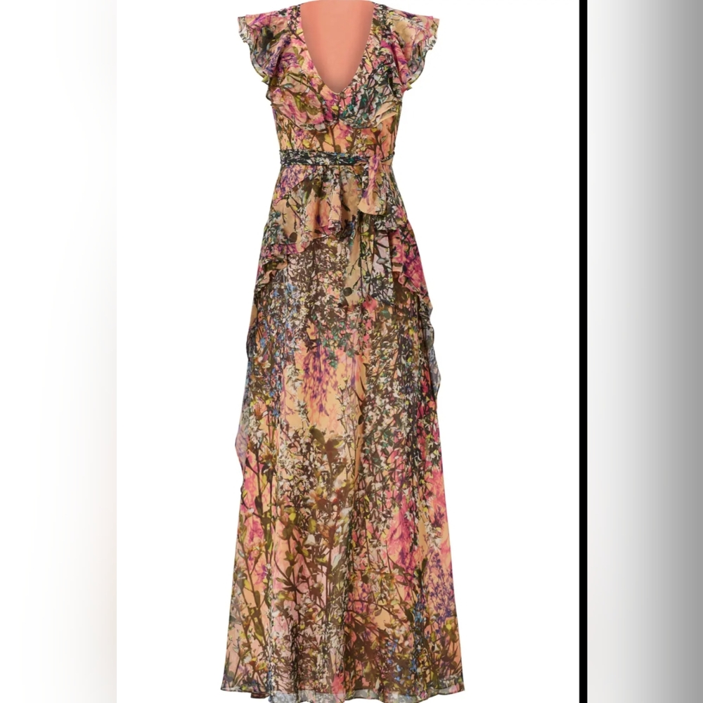 Beautiful ruffled floral maxi dress by Badgley Mischka, size 8!